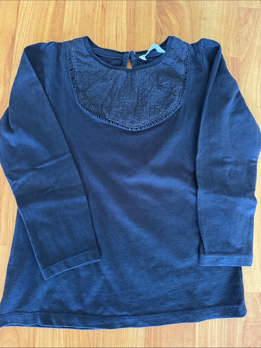 Girls' Navy Long-Sleeve Top with Embroidered Bib
